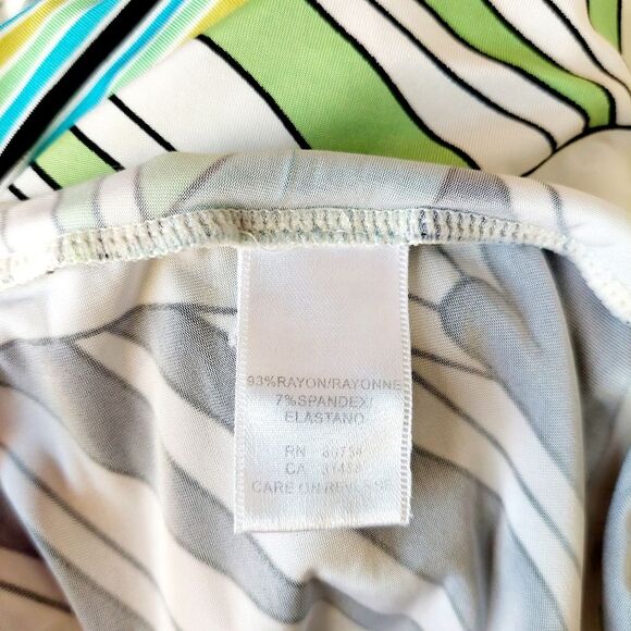 BCBGMAXAZRIA Abstract Art Deco Butterfly Blouse Striped Belted Peplum Top Sz M - Picture 6 of 15